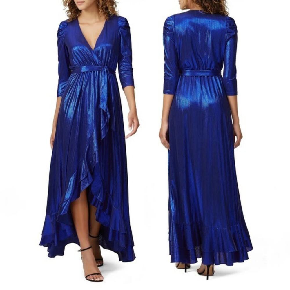 Retrofete Flora Metallic Wrap Dress High Low Ruffle 3/4 Sleeve Royal Blue Size L
